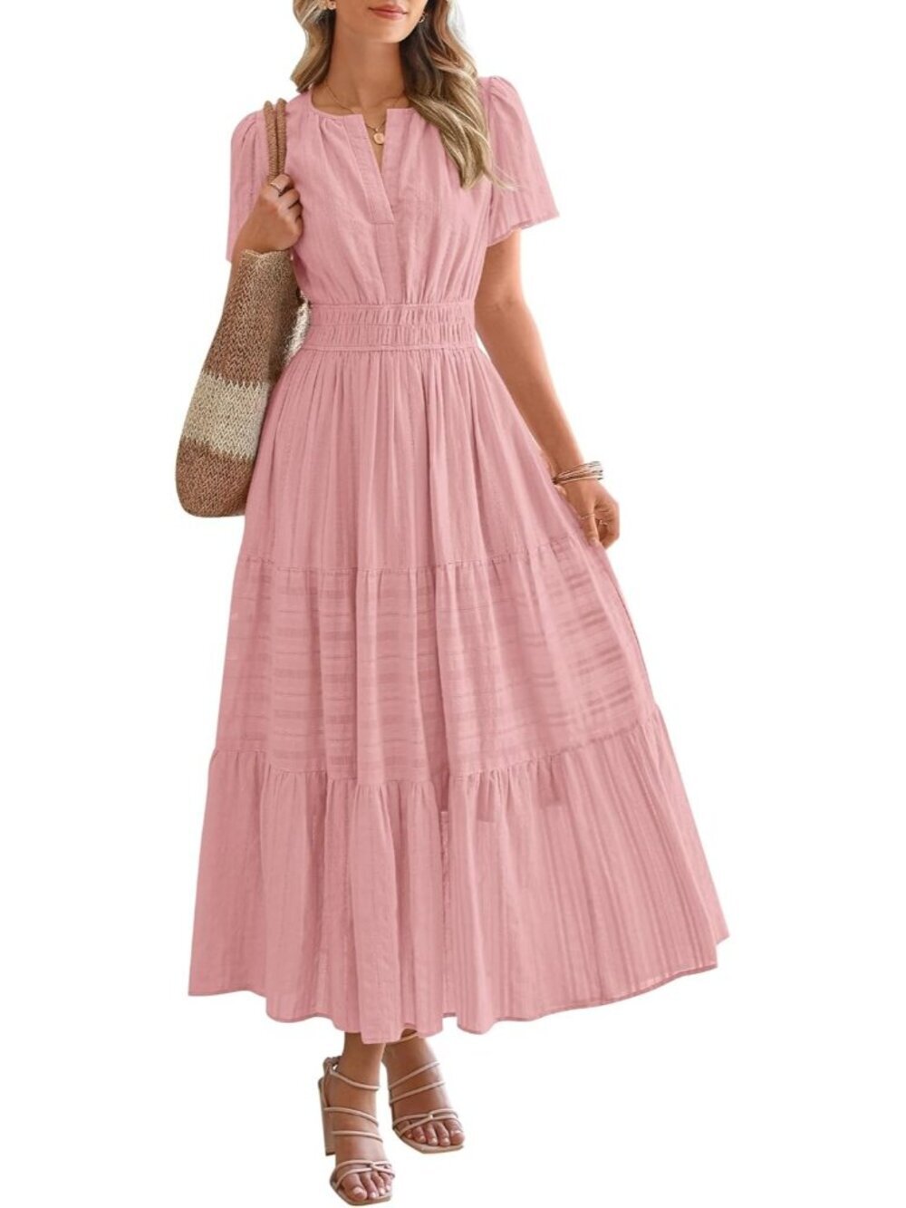 Women's Bean Paste Pink Lightweight Short Sleeve V Neck Elastic Waist Maxi Dress